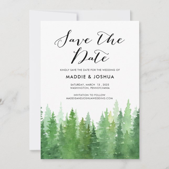 Rustic Watercolor Forest Evergreen Save the Date  (Devant)