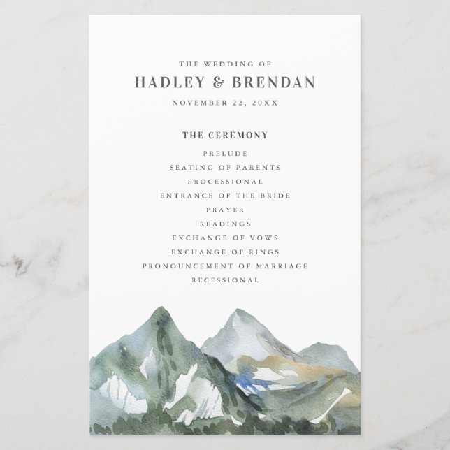 Rustic Watercolor Mountain Forest Wedding Programm (Devant)