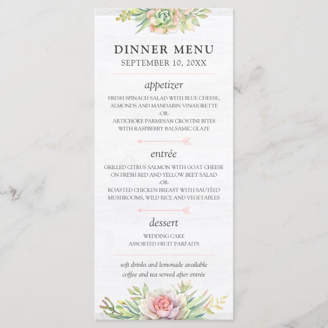 Rustic Watercolor Succulent Desert Mariage Menu (Devant)