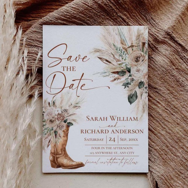 Rustic Western Boho Cowgirl Boots Save the Date (Desert Boho Pampas Grass Wedding Announcement)