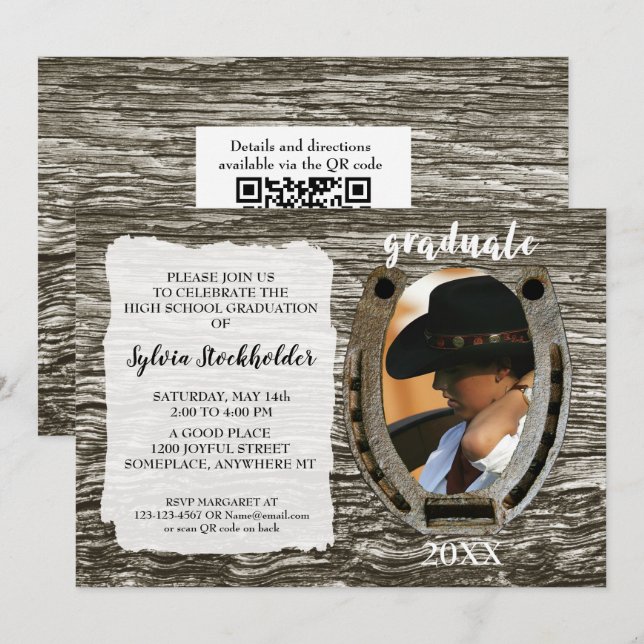 Rustic Western Grad Party Invitation with photo (Devant / Derrière)
