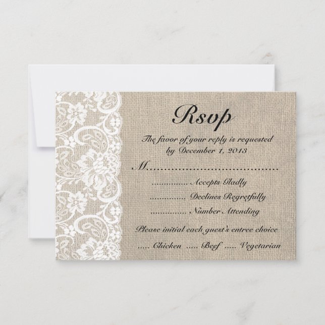 Rustic White Lace Burlap Look RSVP Carte avec Repa (Devant)
