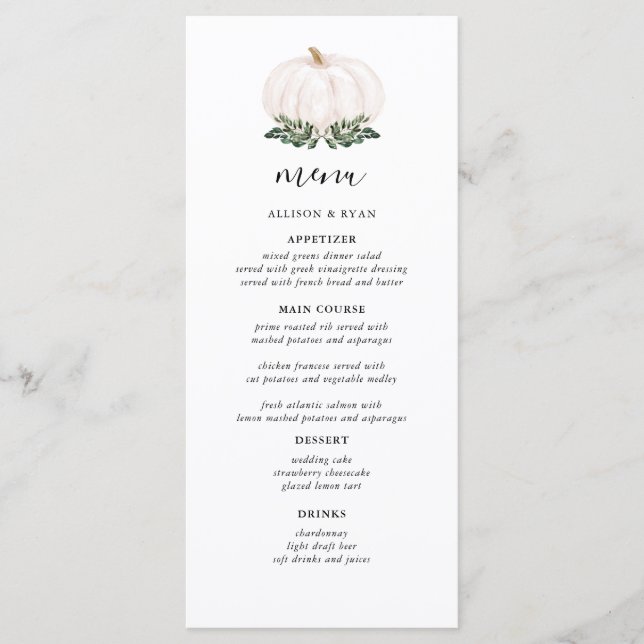 Rustic White Pumpkin Wedding Menus (Devant)