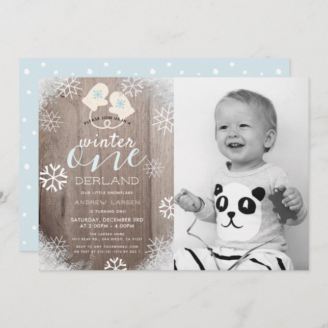 Rustic Winter Boy 1st Birthday Photo Invitation (Devant / Derrière)