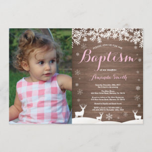 Rustic Winter Deer Baptême Girl Photo Invitation