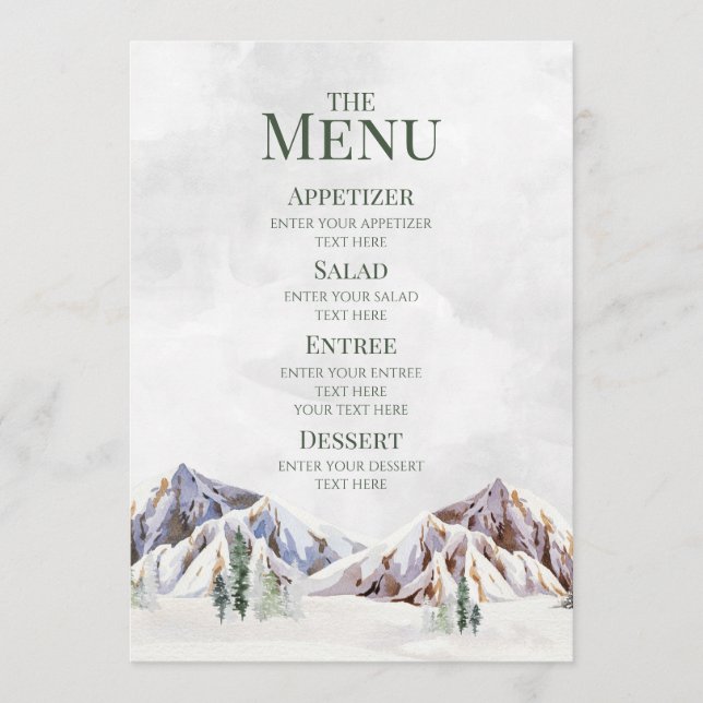 Rustic Winter Mountain Forest Wedding Menu (Devant)