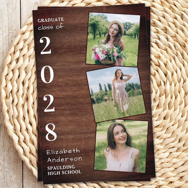 Rustic Wood 3 Photo Budget Graduation Invitation (Créateur téléchargé)