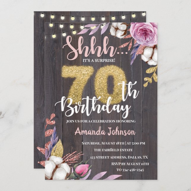 Rustic Wood 70e Invitation d'anniversaire surprise (Devant / Derrière)