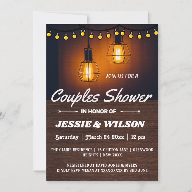 RUSTIC WOOD AND LIGHTS COUPLES SHOWER INVITATION (Devant)