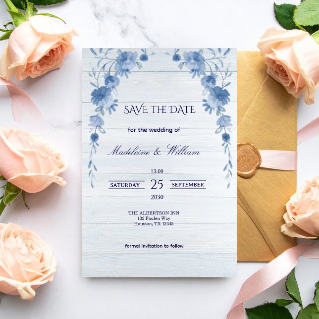 Rustic Wood  Blue Floral Elegant Save the Date (Créateur téléchargé)