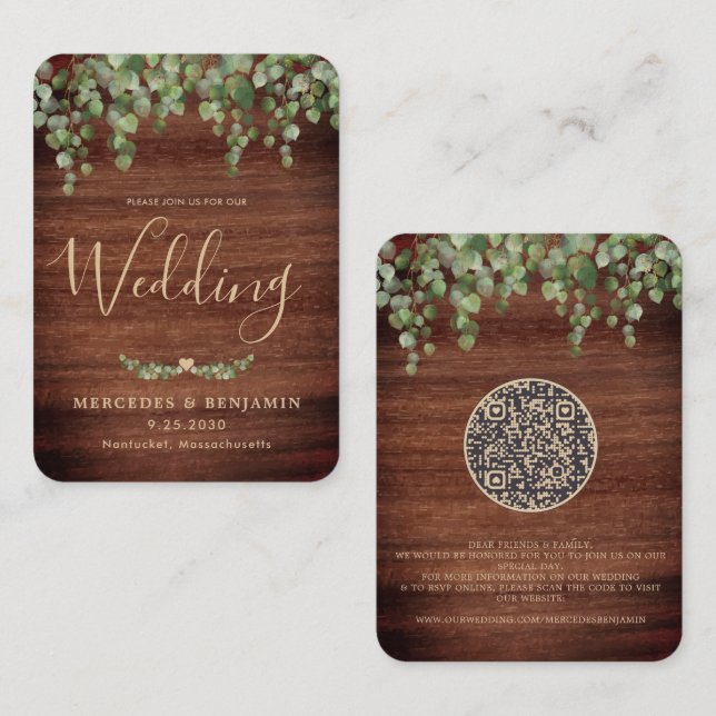 Rustic Wood Botanical QR Code Wedding Invitation (Devant / Derrière)