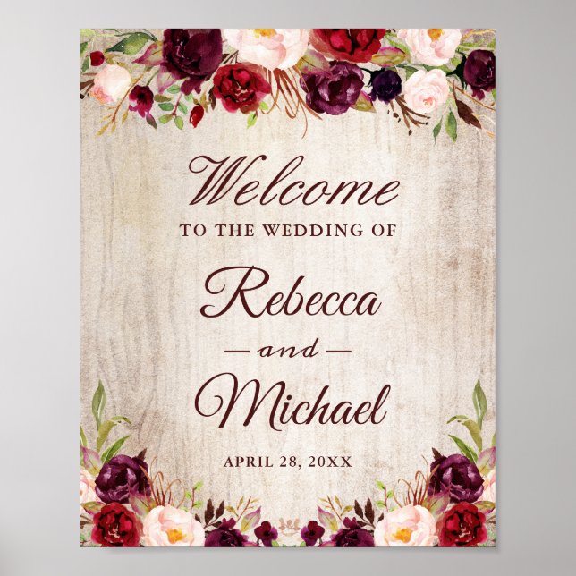 Rustic Wood Bourgogne Floral Mariage Affiche de bi (Devant)