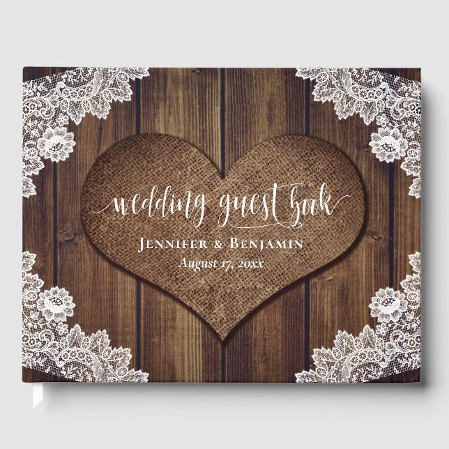 Rustic Wood Burlap Lace Mariage livre d'hôtes (Recto)