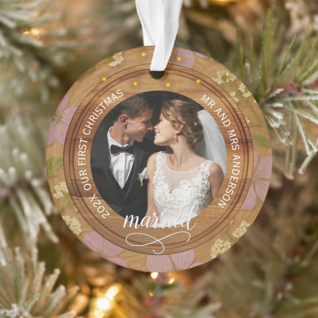 Rustic Wood Floral Couples First Christmas married (Arbre)