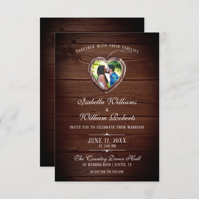 Rustic Wood Heart Mariage Photo Invitation (Devant / Derrière)