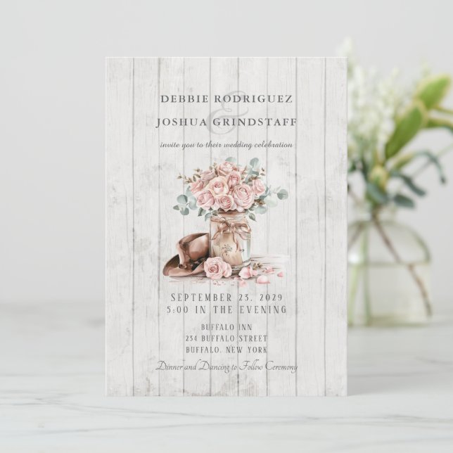 Rustic Wood Mason Jar Floral Wedding Invitation  (Debout devant)