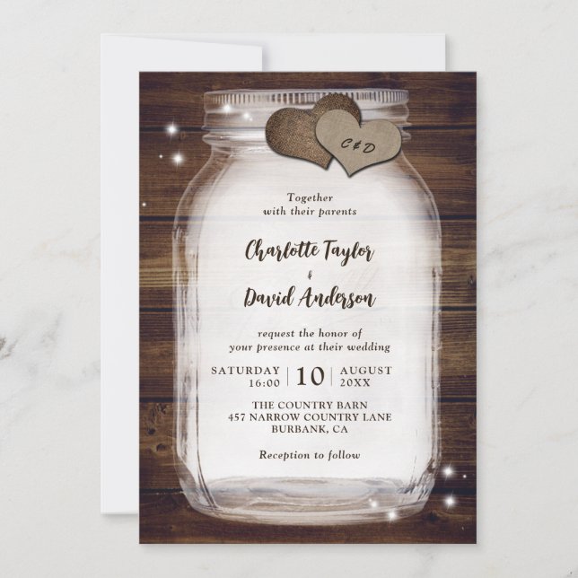 Rustic Wood Mason Jar Mariage Invitations (Devant)