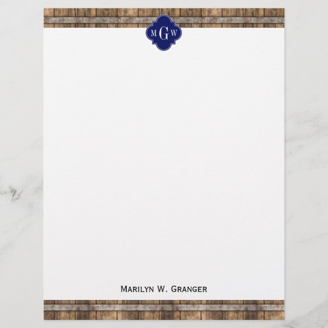 Rustic Wood Metal Band Navy Quatrefoil 3 monogram (Devant)