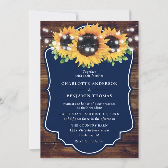 Rustic Wood Navy Tournesol Invitations de mariage (Devant)