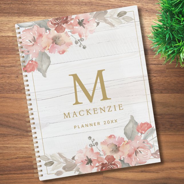 Rustic Wood Pink Floral Watercolor Monogram (Créateur téléchargé)