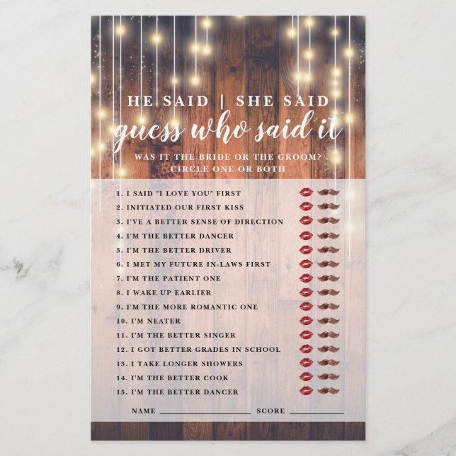 Rustic Wood qui a dit qu'il Fête des mariées Jeux (Devant)