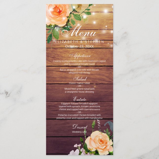 Rustic Wood Rose Floral String Lights Mariage Menu (Devant)