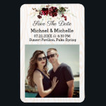 Rustic Wood Save The Date of Our Wedding Magnet<br><div class="desc">This is a vintage-look, elegant and beautiful customizable rustic refrigerator magnet in a wood grain background and burgundy flowers to remind your family and friends of your special day. You can personalize this with your photo and change the text of the magnet. Let them save the date and not forget!...</div>