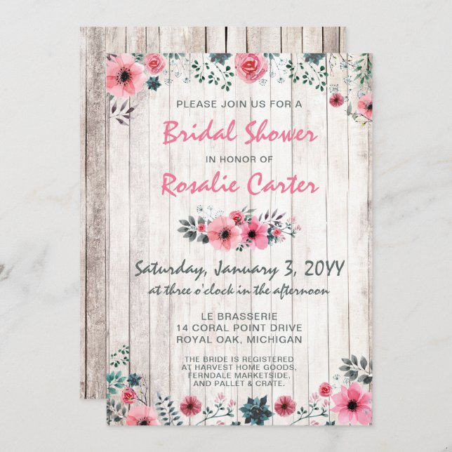 Rustic Wood Shabby Rose nuptiale douche Invitation (Devant / Derrière)