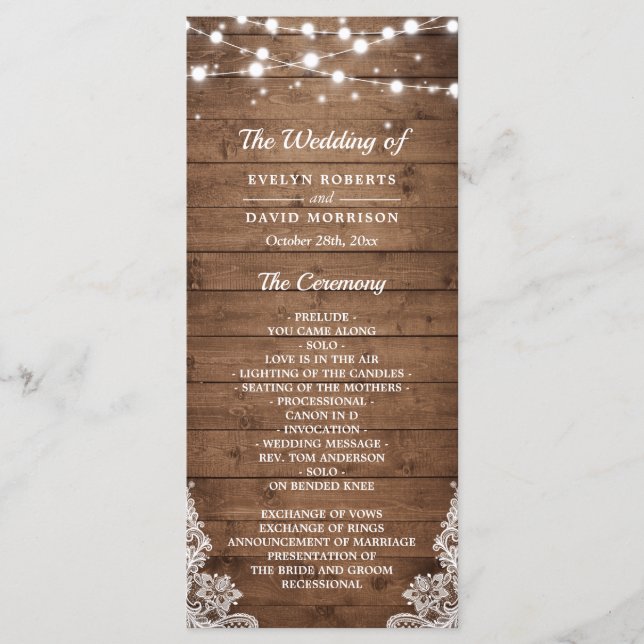 Rustic Wood Twinkle Lights Lace Wedding Programme (Devant)