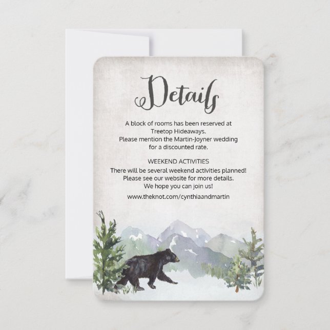 Rustic Woodland Bear Mariage Détails Carte (Devant)