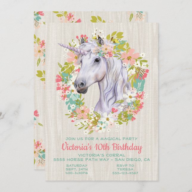 Rustic Wreath Unicorn Invitation de fête d'anniver (Devant / Derrière)