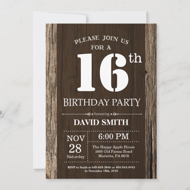 Rustique 16e anniversaire Invitation Bois Vintage (Devant)