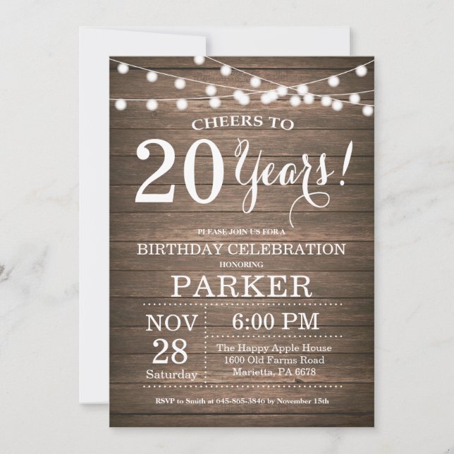 Rustique 20e anniversaire Invitation Bois (Devant)