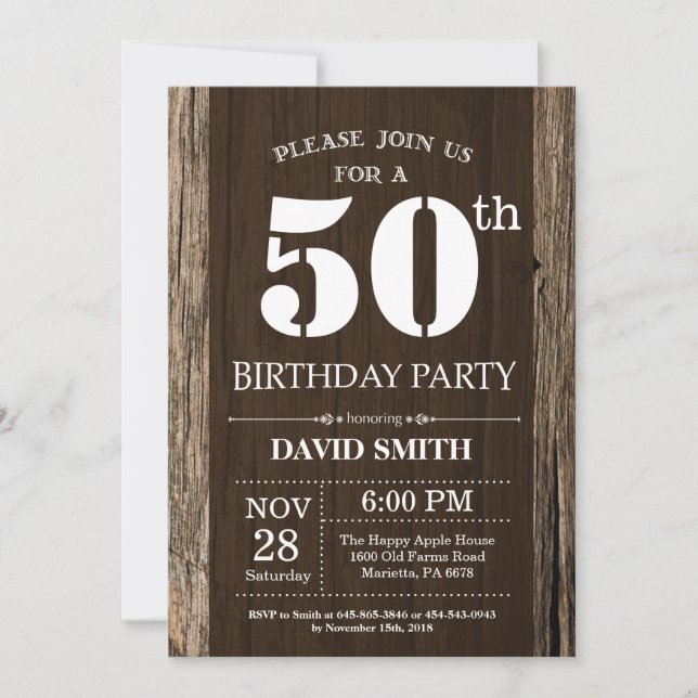 Rustique 50e anniversaire Invitation Bois Vintage (Devant)