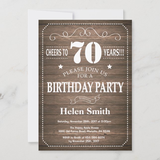 Rustique 70e anniversaire Invitation Vintage Retro (Devant)