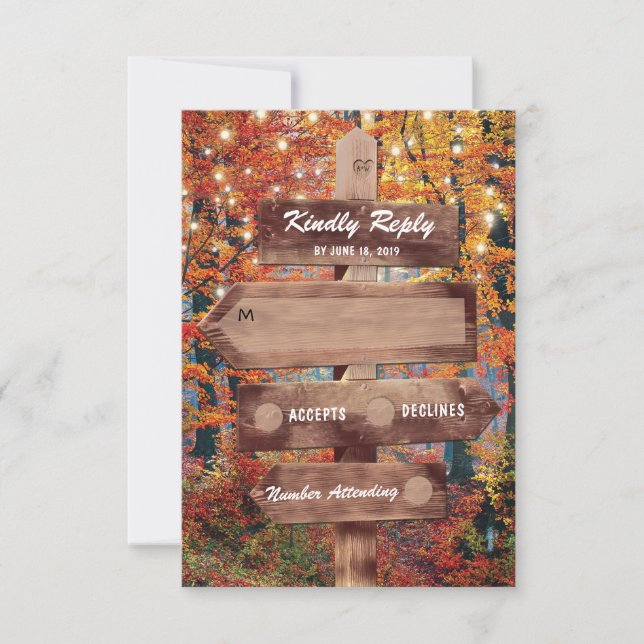 Rustique Automne Bois Chaîne Lumières Mariage RSVP (Devant)
