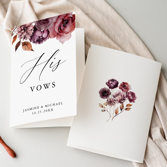 Rustique Automne Marsala Floral Sa carte Vows Mari (Front and back views of the Rustic Autumn Marsala Floral "his" vow book.)