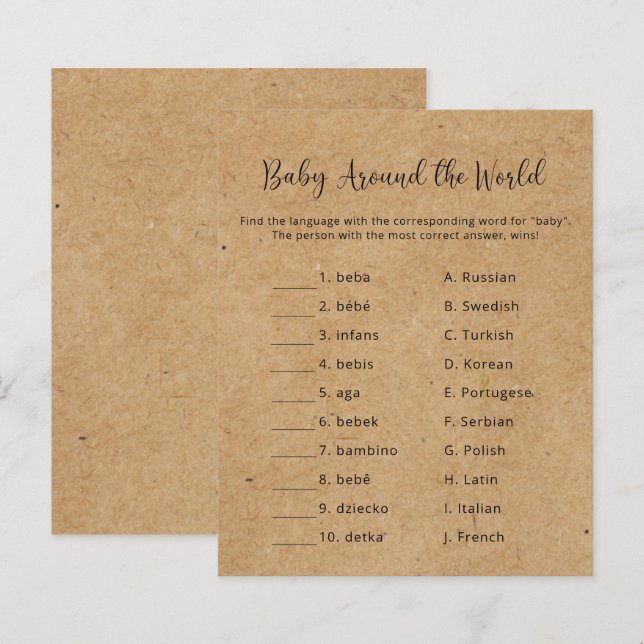 Rustique - Baby Around World - Baby shower Game (Devant / Derrière)