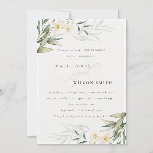 Rustique Blanc Vert Floral Couples Invitation douc (Devant)