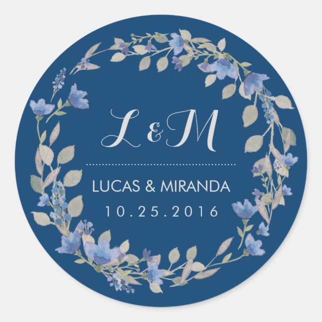 Rustique Blue Floral Wreath Wedding Favor Sticker (Devant)