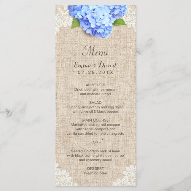 Rustique Blue Hydrangea Dentelle & Burlap Menu Mar (Devant)