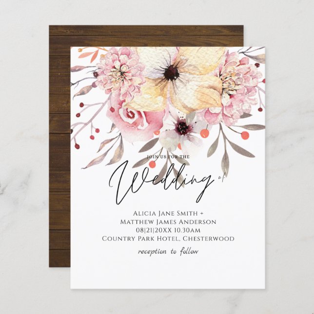 Rustique Blush rose Floral Sage Budget Mariage Inv (Devant / Derrière)