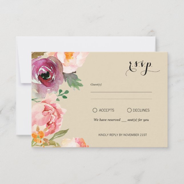 Rustique Boho aquarelle Fleurs mariage RSVP (Devant)