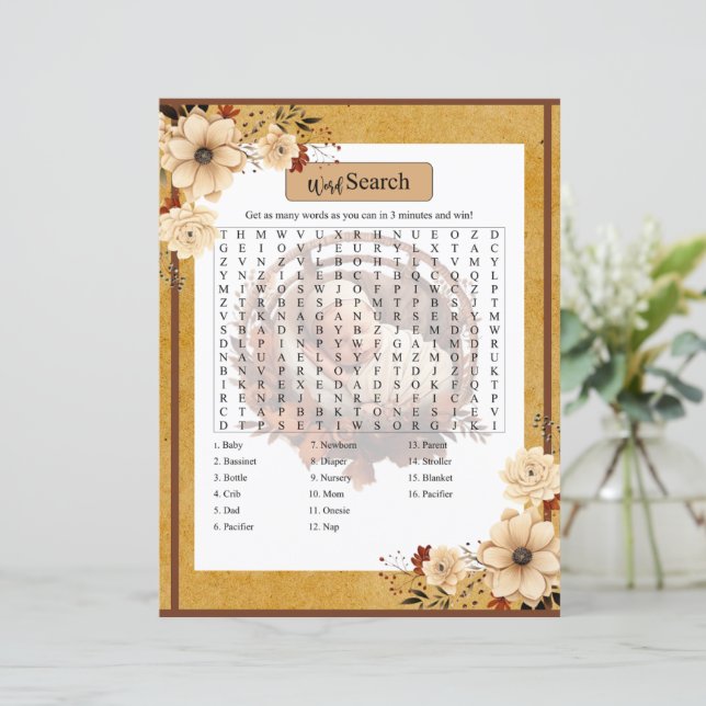 Rustique Boho Floral Baby shower Word Recherche Je (Debout devant)
