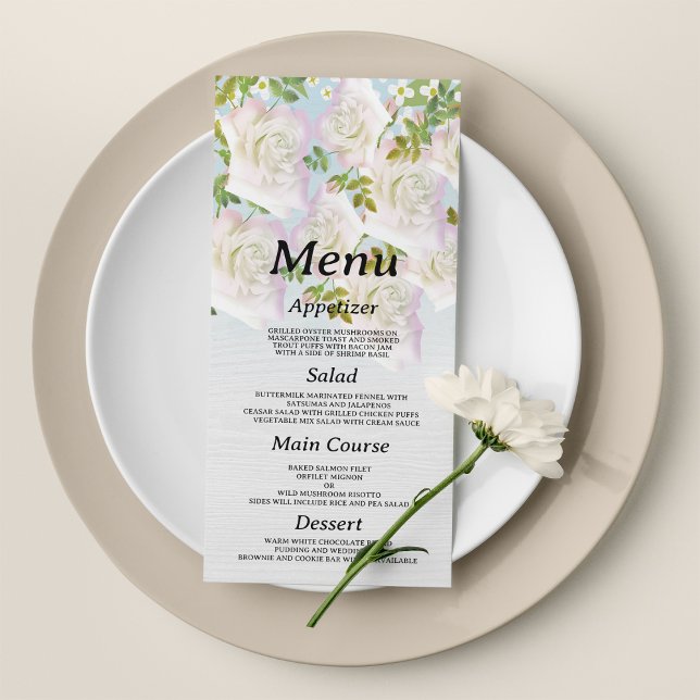 Rustique bois blanc rose menthe rose Menu Mariage (Rustic white wood pink mint roses Wedding Menu )