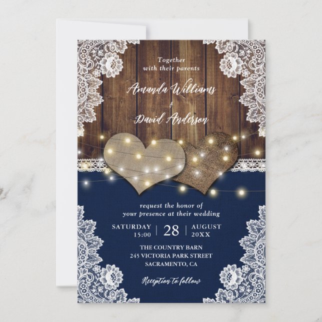 Rustique Bois Burlap Dentelle Marine Invitations d (Devant)