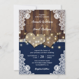 Rustique Bois Burlap Dentelle Marine Invitations d