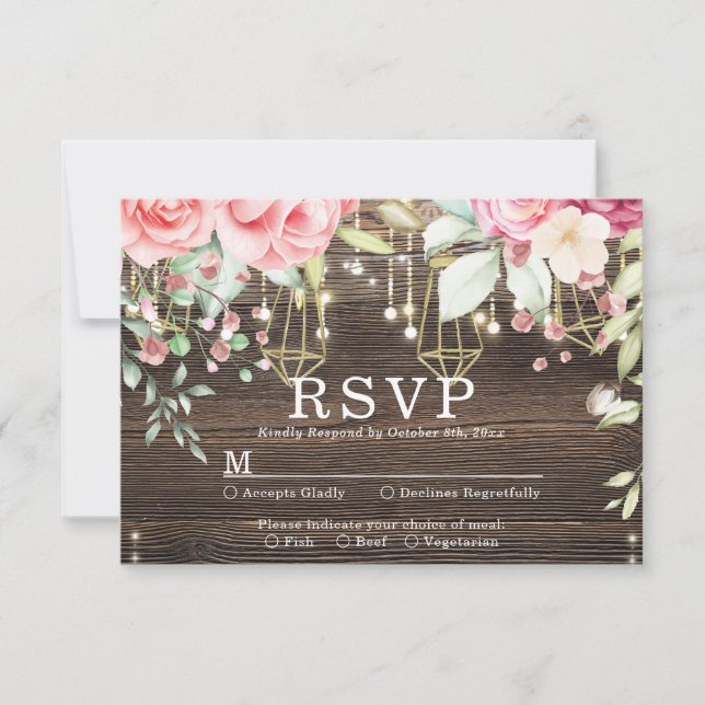 Rustique Bois Floral Chaîne lumières Mariage rsvp (Devant)