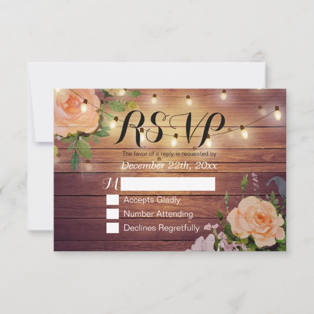 Rustique Bois Floral String Lumière Mariage RSVP R (Devant)