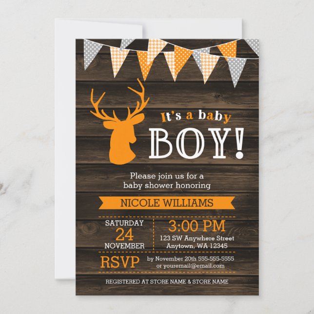 Rustique Bois Orange Deer Baby shower Invitation (Devant)